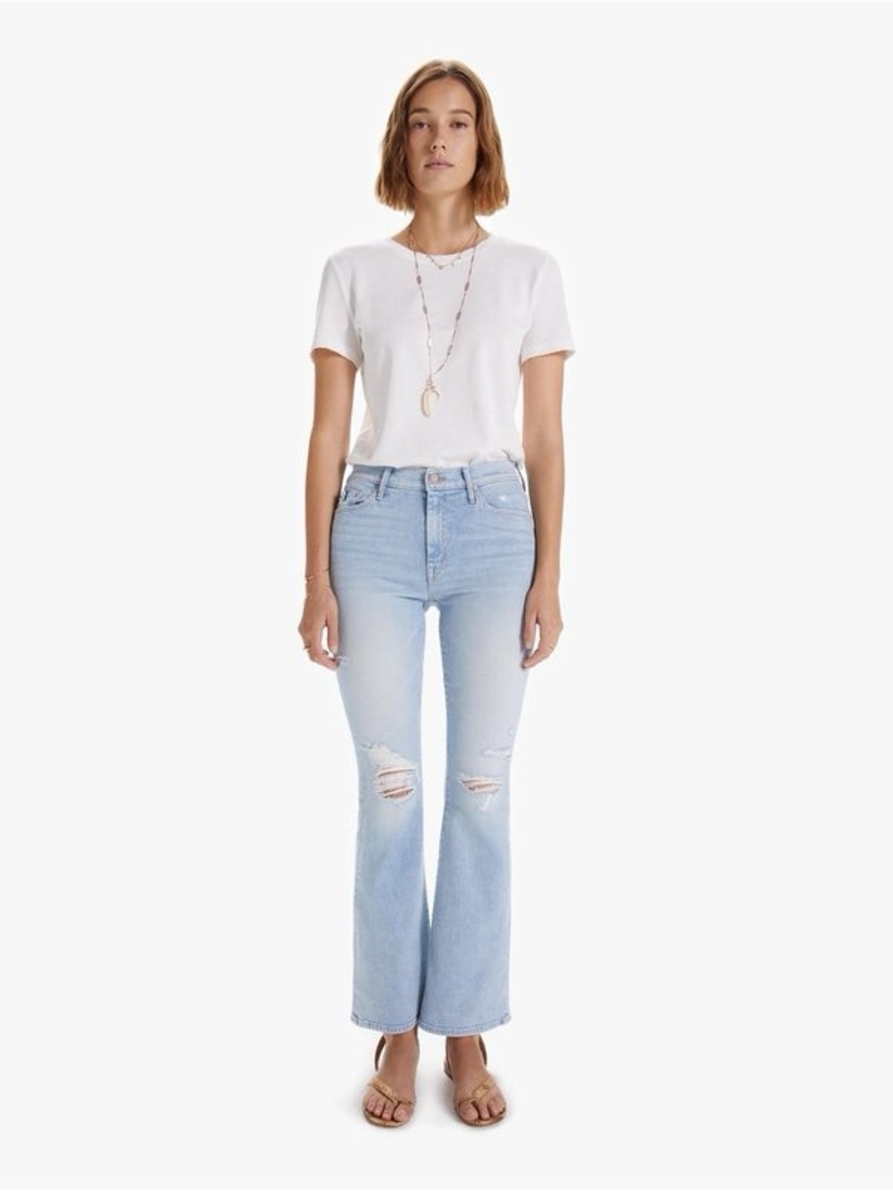 Mother The Weekender Flare Jean Free Hugs Distressed Light Wash Denim